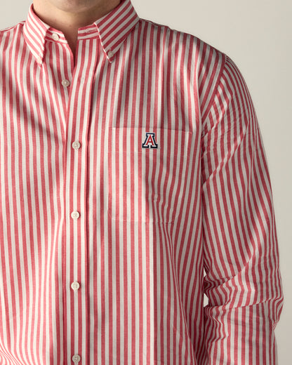 Red and white striped button-down shirt with Arizona 'A' logo on chest pocket. Class Trip | Officially Licensed Collegiate Apparel