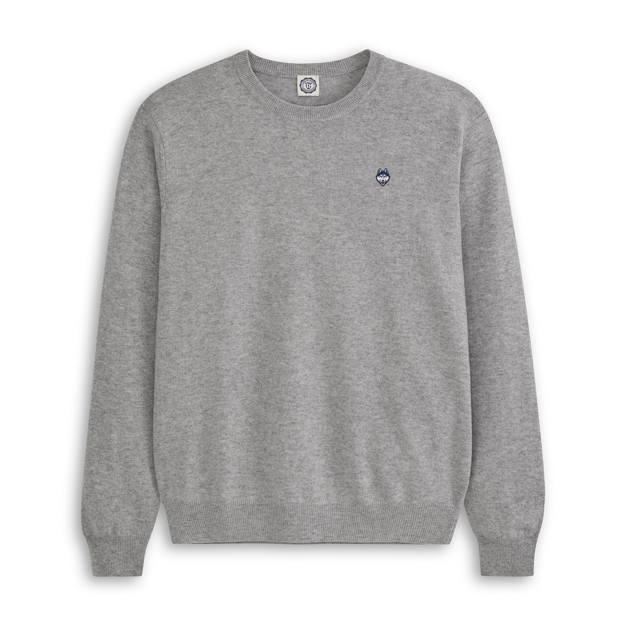 Men's grey merino crewneck sweater with small embroidered collegiate logo, front view. Class Trip | Officially Licensed Collegiate Apparel