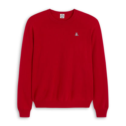 Red men's merino wool crewneck sweater with collegiate logo on chest, Class Trip | Officially Licensed Collegiate Apparel