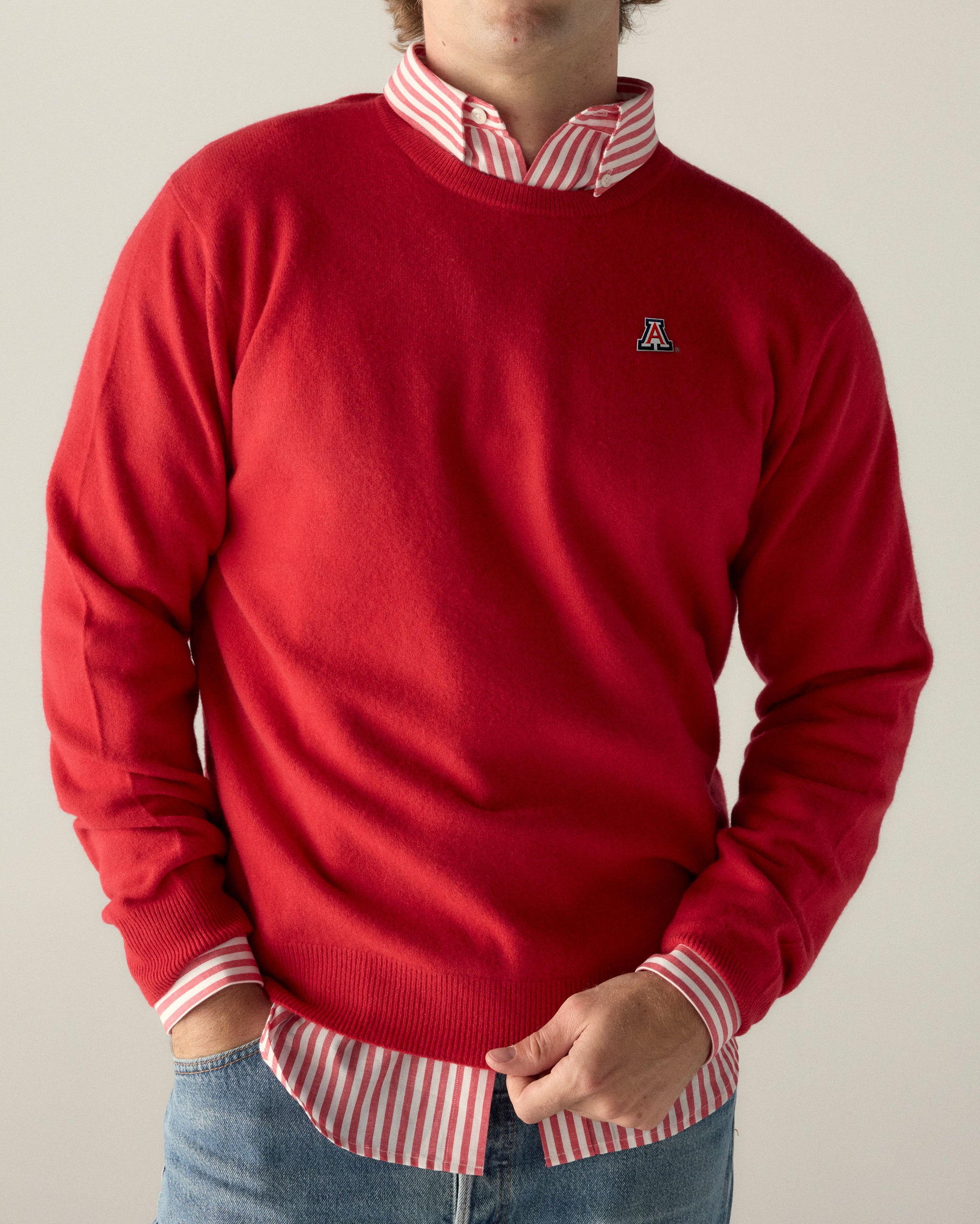 Men's red merino sweater with striped shirt and collegiate logo. Class Trip | Officially Licensed Collegiate Apparel