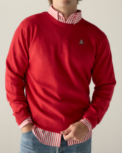 Men's red merino sweater with striped shirt and collegiate logo. Class Trip | Officially Licensed Collegiate Apparel