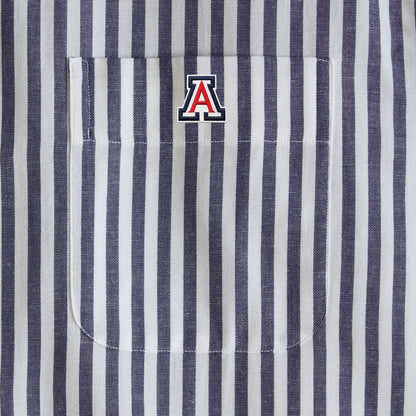 Navy and white striped collegiate shirt with embroidered 'A' logo on chest pocket. Class Trip | Officially Licensed Collegiate Apparel