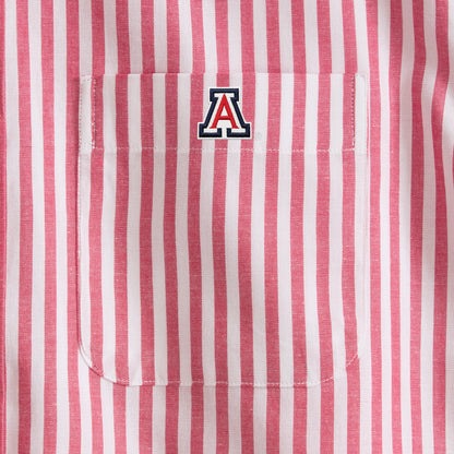 Red and white striped collegiate shirt with embroidered 'A' logo on chest pocket. Class Trip | Officially Licensed Collegiate Apparel