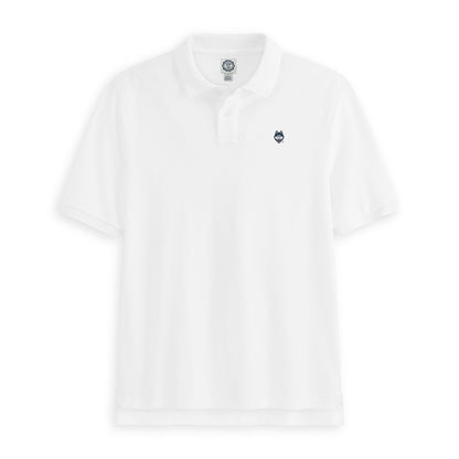 White collegiate polo shirt with embroidered school logo on chest, short sleeves, classic fit. Class Trip | Officially Licensed Collegiate Apparel