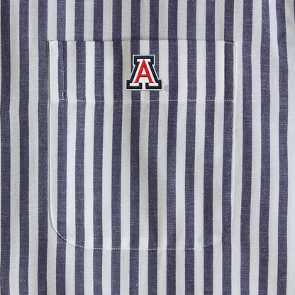 Navy and white striped shirt pocket with collegiate embroidered logo, Class Trip | Officially Licensed Collegiate Apparel