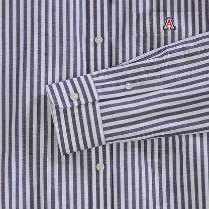 Navy striped women's poplin shirt with embroidered collegiate A logo on pocket. Class Trip | Officially Licensed Collegiate Apparel