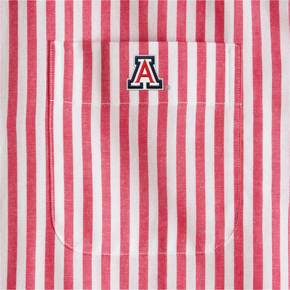 Red and white striped women's poplin shirt pocket with collegiate logo, Class Trip | Officially Licensed Collegiate Apparel