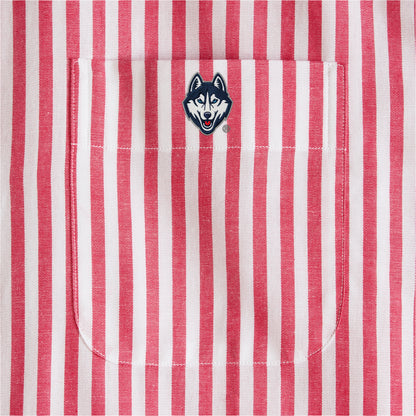 Red and white striped women's poplin shirt pocket with embroidered husky logo. Class Trip | Officially Licensed Collegiate Apparel