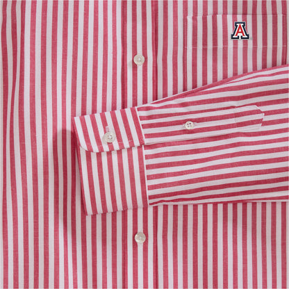 Red and white striped poplin women's shirt with embroidered collegiate logo on pocket. Class Trip | Officially Licensed Collegiate Apparel
