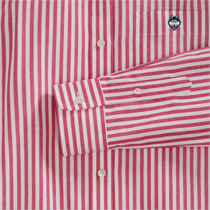 Red and white striped women's poplin shirt with a collegiate logo on the pocket, Class Trip | Officially Licensed Collegiate Apparel