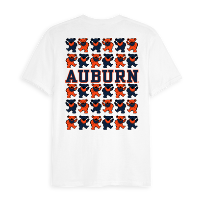 White Class Trip tee with Auburn text and orange and blue dancing bears. Auburn x Grateful Dead Stacked Bears Tee Class Trip | Higher Education