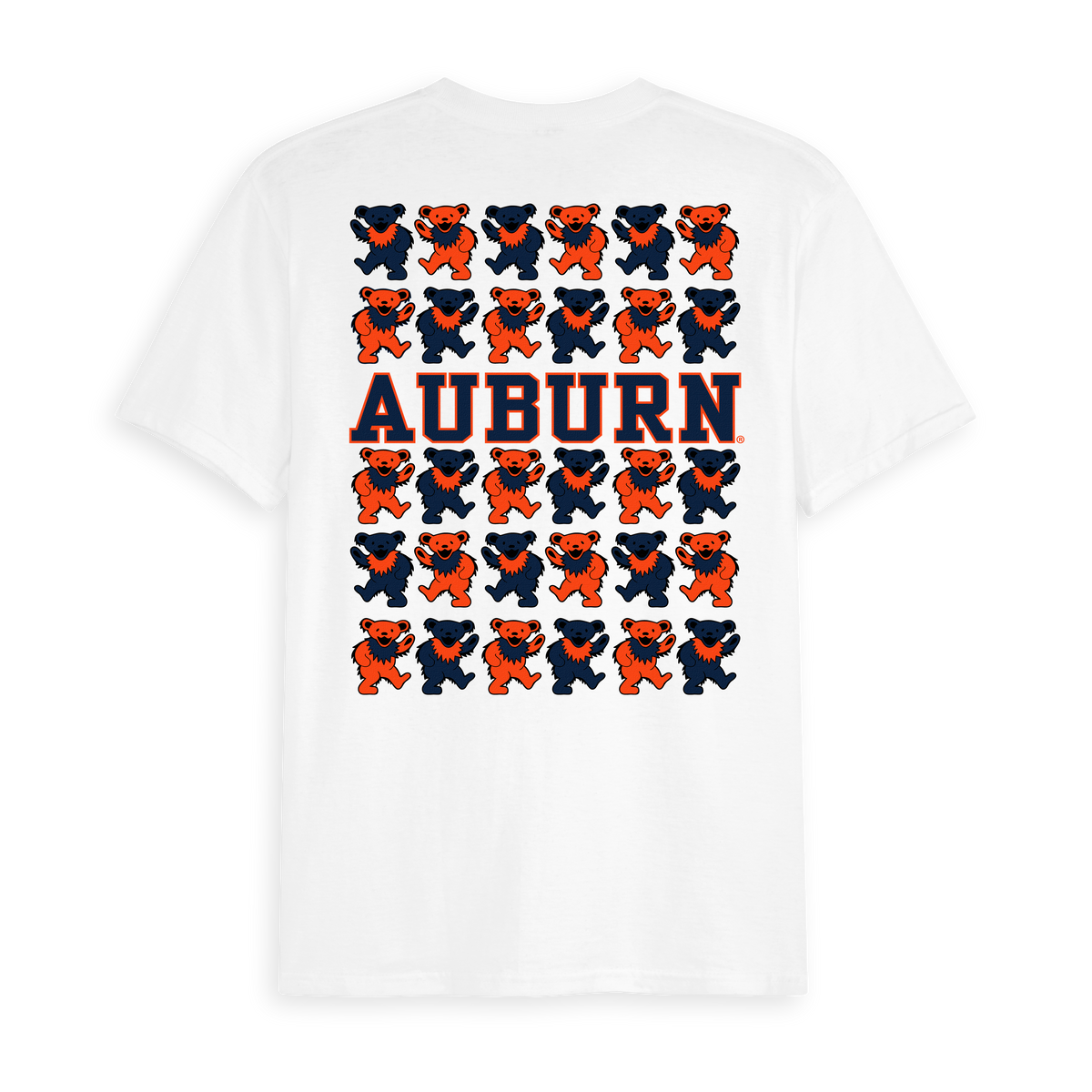White Class Trip tee with Auburn text and orange and blue dancing bears. Auburn x Grateful Dead Stacked Bears Tee Class Trip | Higher Education