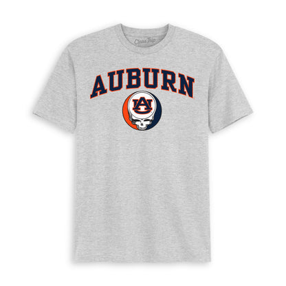 Grey Class Trip t-shirt featuring Auburn arch text and a skull logo. Auburn x Grateful Dead Steal Your Face Arch Tee Class Trip | Higher Education