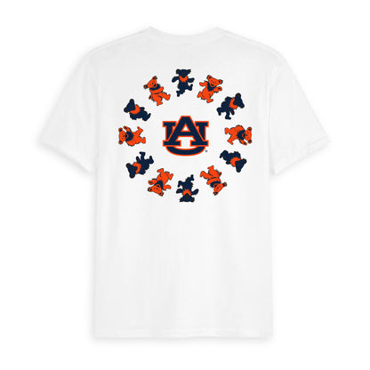 White Class Trip tee featuring Auburn logo surrounded by dancing bears. Auburn x Grateful Dead Circle Bears Tee Class Trip | Higher Education