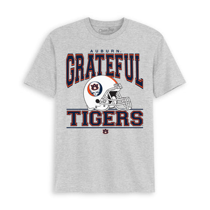 Grey Class Trip t-shirt featuring Auburn Tigers football helmet and Grateful Dead style text. Auburn x Grateful Dead Football Helmet Tee Class Trip | Higher Education