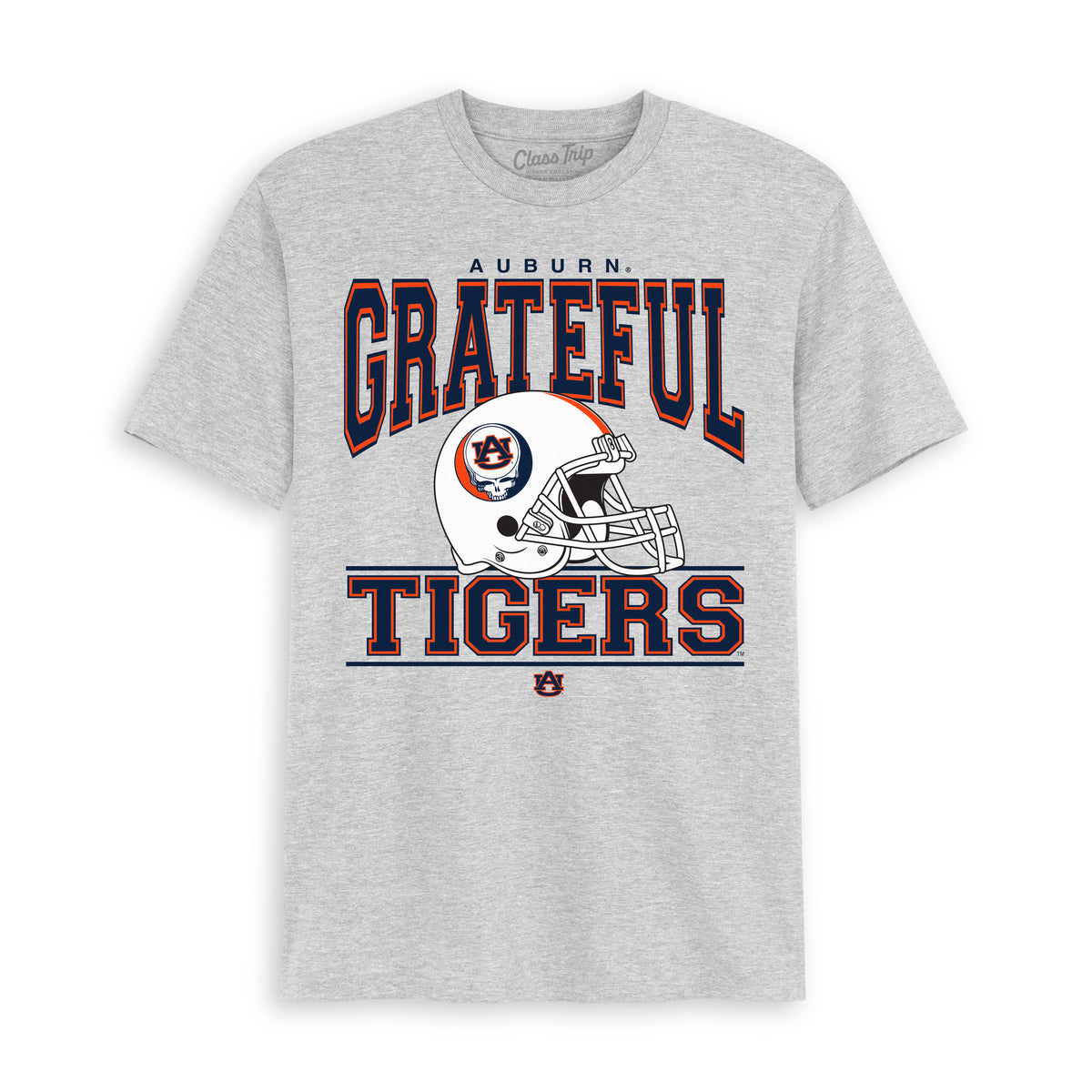 Grey Class Trip t-shirt featuring Auburn Tigers football helmet and Grateful Dead style text. Auburn x Grateful Dead Football Helmet Tee Class Trip | Higher Education