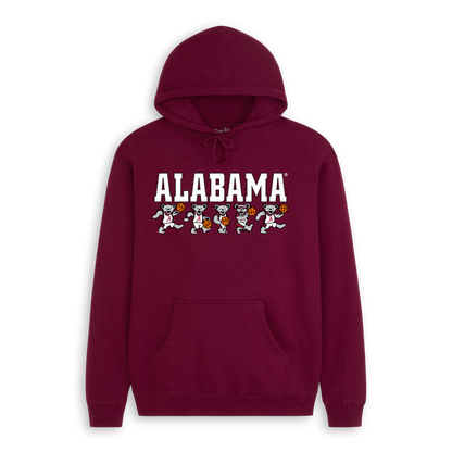 Crimson Alabama hoodie with dancing bears and basketballs graphic, collegiate spirit wear. Class Trip | Officially Licensed Collegiate Apparel