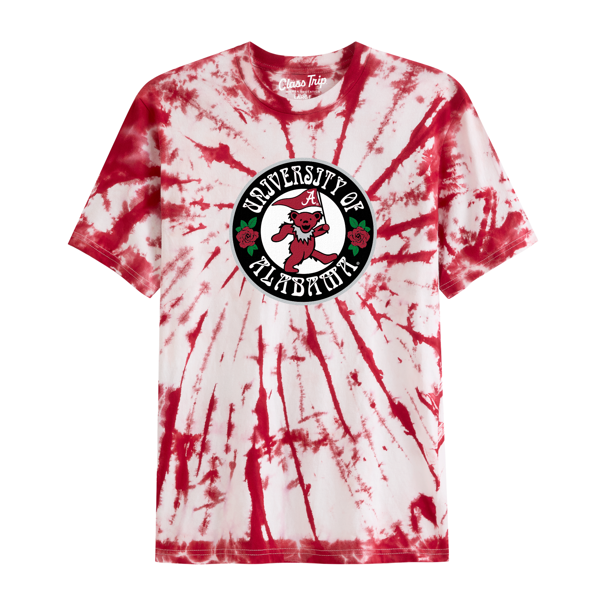 Crimson and white tie-dye University of Alabama t-shirt with dancing bear and roses graphic. Class Trip | Officially Licensed Collegiate Apparel