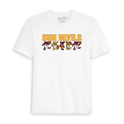 White t-shirt with 'Sun Devils' text and cartoon basketball bears graphic. Class Trip | Officially Licensed Collegiate Apparel