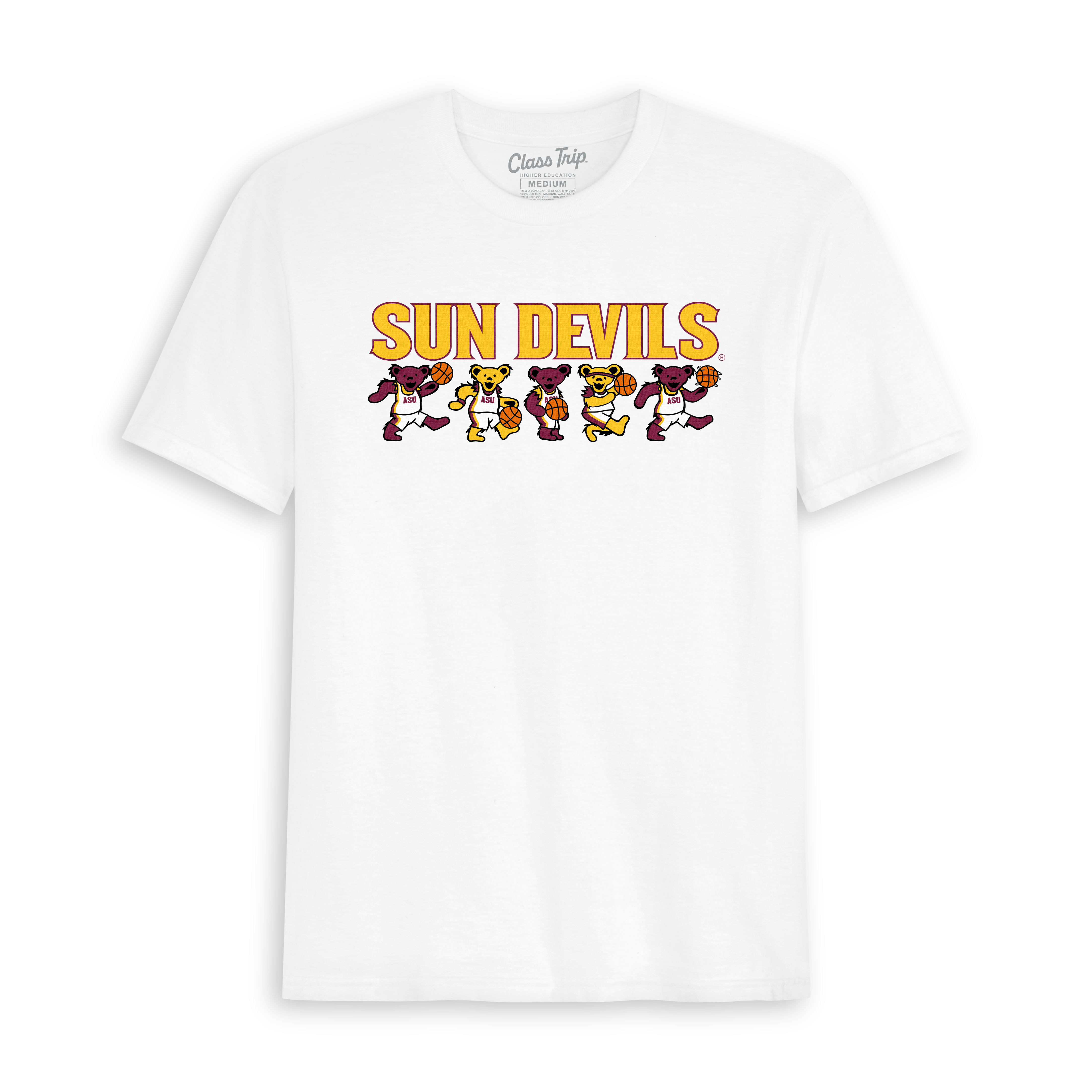 White t-shirt with 'Sun Devils' text and cartoon basketball bears graphic. Class Trip | Officially Licensed Collegiate Apparel