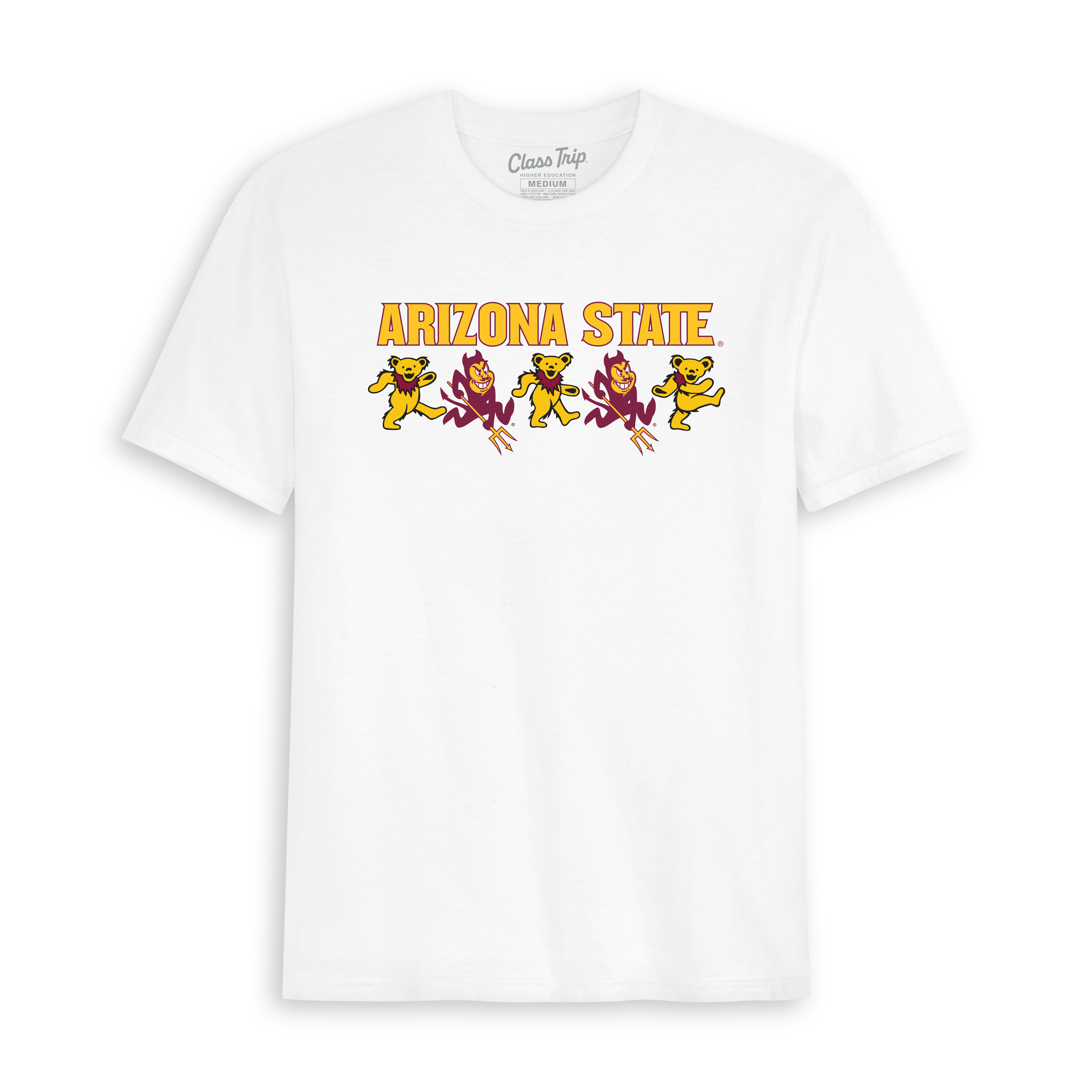 White Arizona State t-shirt with mascot bears and devils graphic, collegiate tee. Class Trip | Officially Licensed Collegiate Apparel