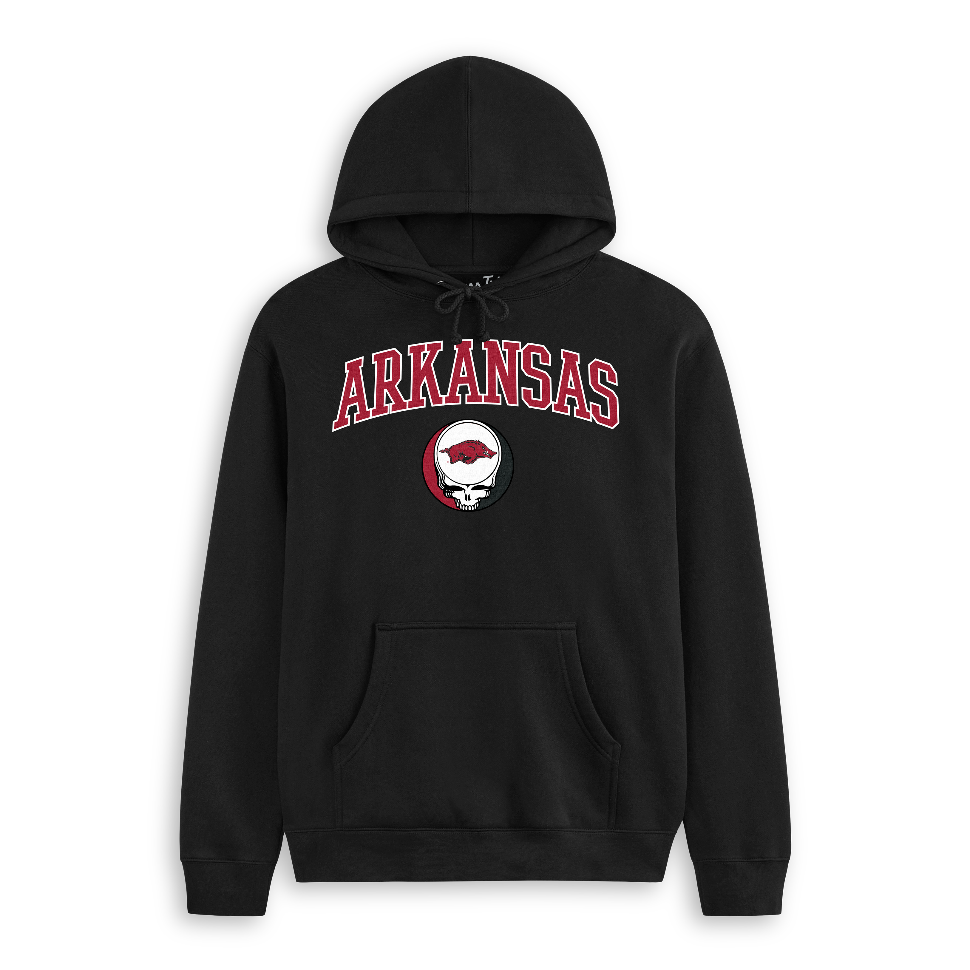 Black Arkansas hoodie with red collegiate lettering and skull logo, front view. Class Trip | Officially Licensed Collegiate Apparel