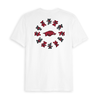 White t-shirt with Arkansas Razorbacks hog logo and dancing bears in a circle graphic, Class Trip | Officially Licensed Collegiate Apparel