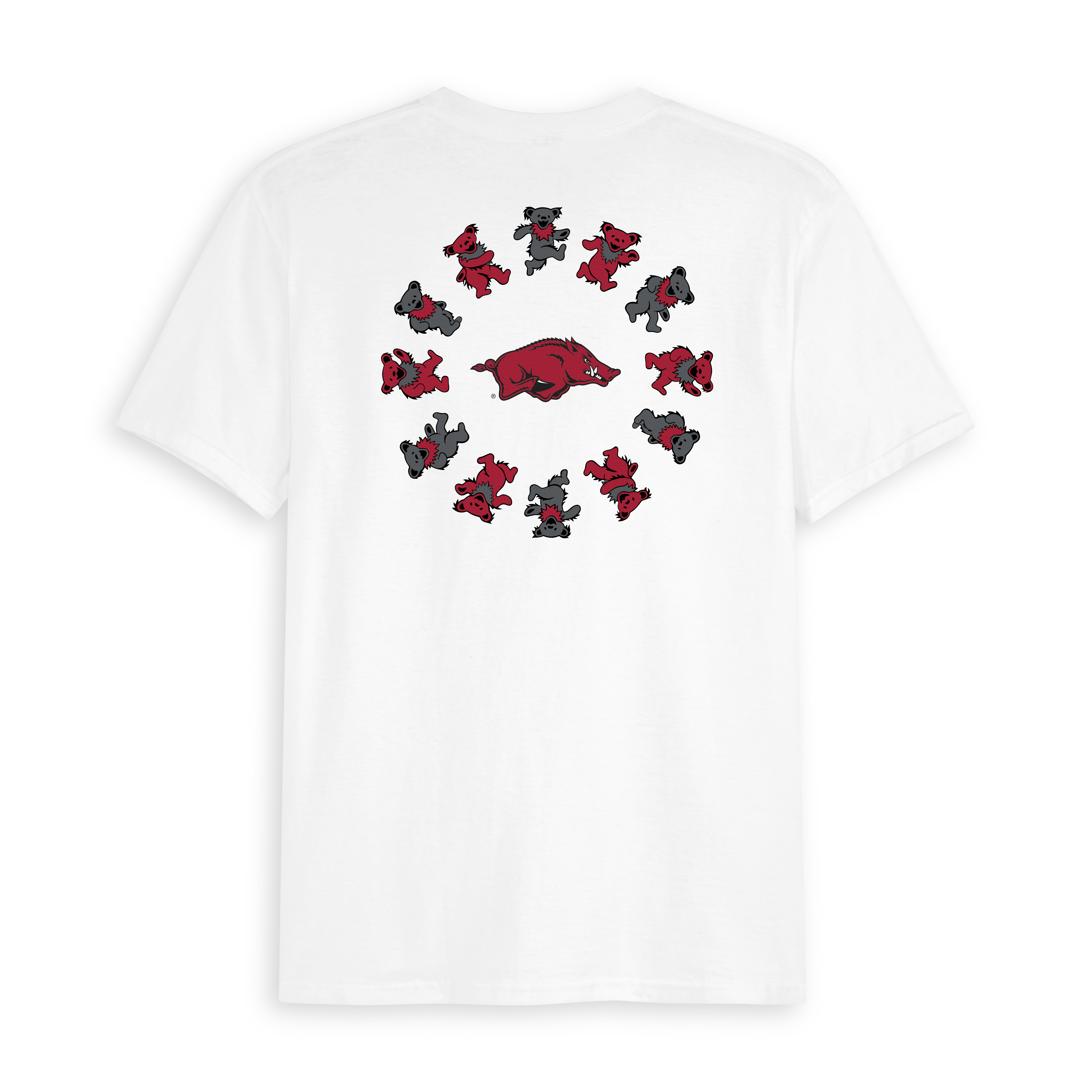 White t-shirt with Arkansas Razorbacks hog logo and dancing bears in a circle graphic, Class Trip | Officially Licensed Collegiate Apparel