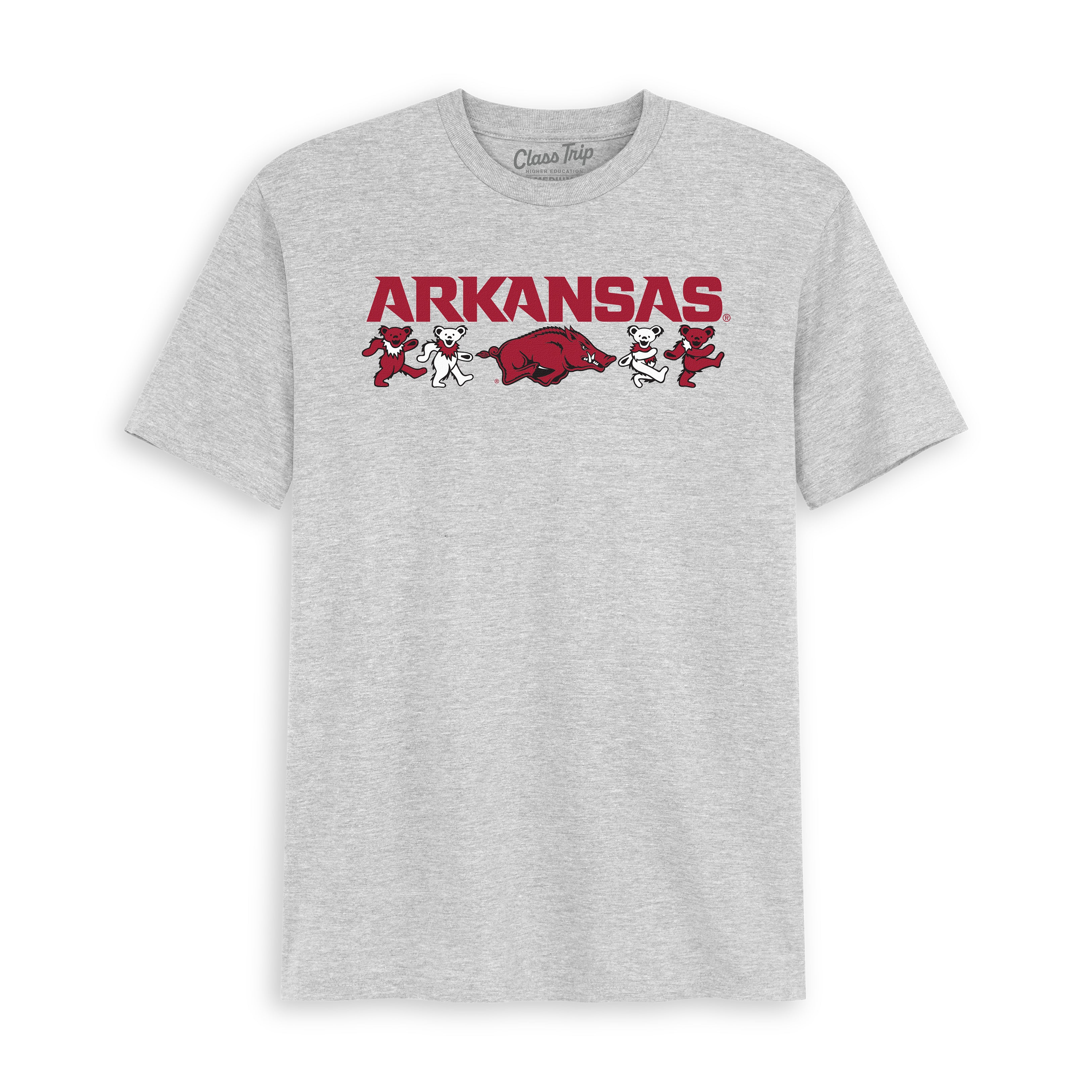 Gray Arkansas t-shirt with red and white dancing bear mascots and hog logo, collegiate tee. Class Trip | Officially Licensed Collegiate Apparel