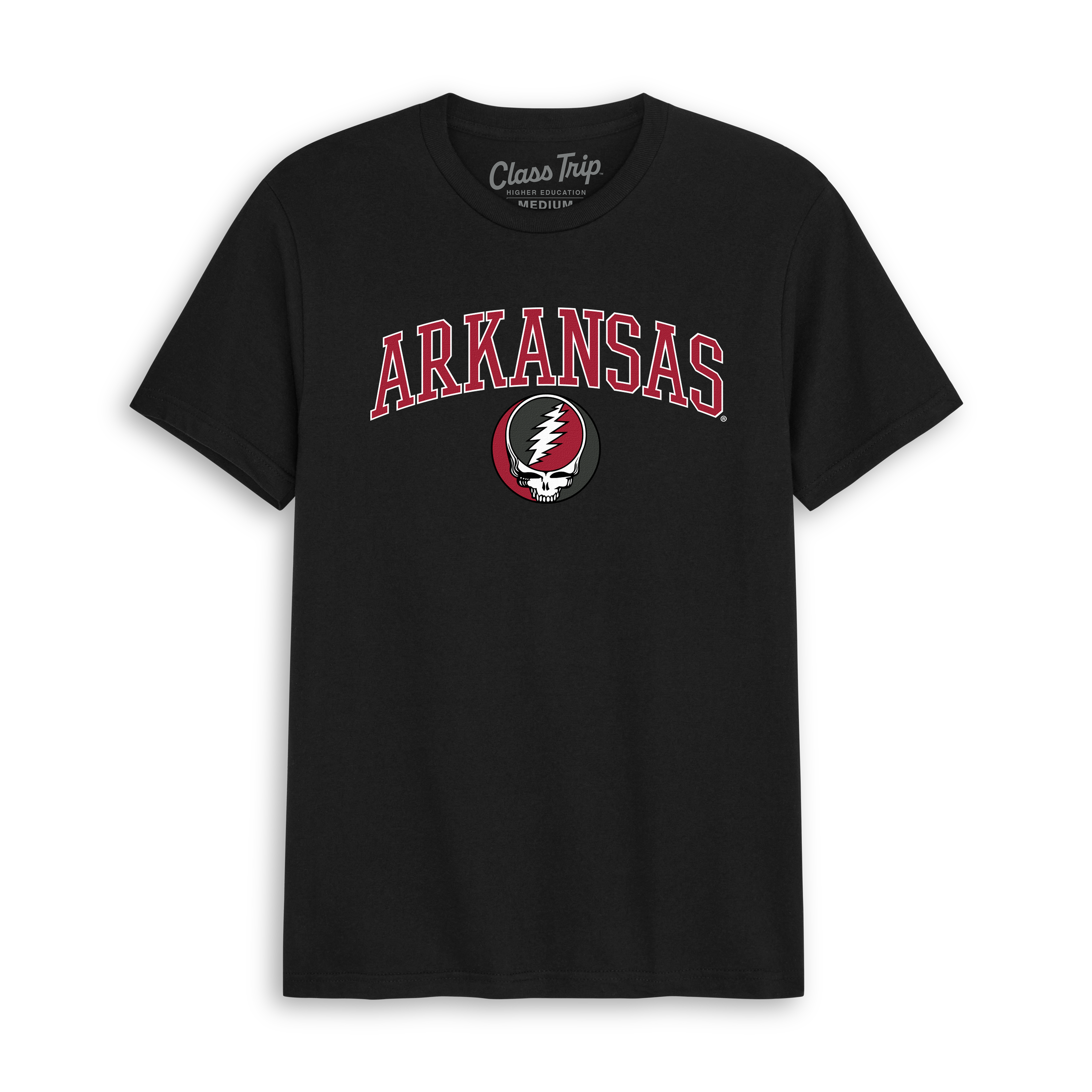 Black Arkansas collegiate t-shirt with Grateful Dead skull logo. Class Trip | Officially Licensed Collegiate Apparel