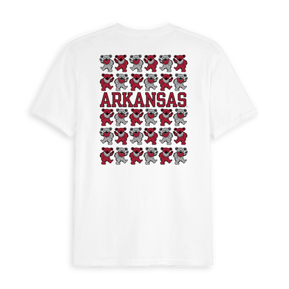 White t-shirt with Arkansas text and red and gray dancing bears, collegiate apparel. Class Trip | Officially Licensed Collegiate Apparel