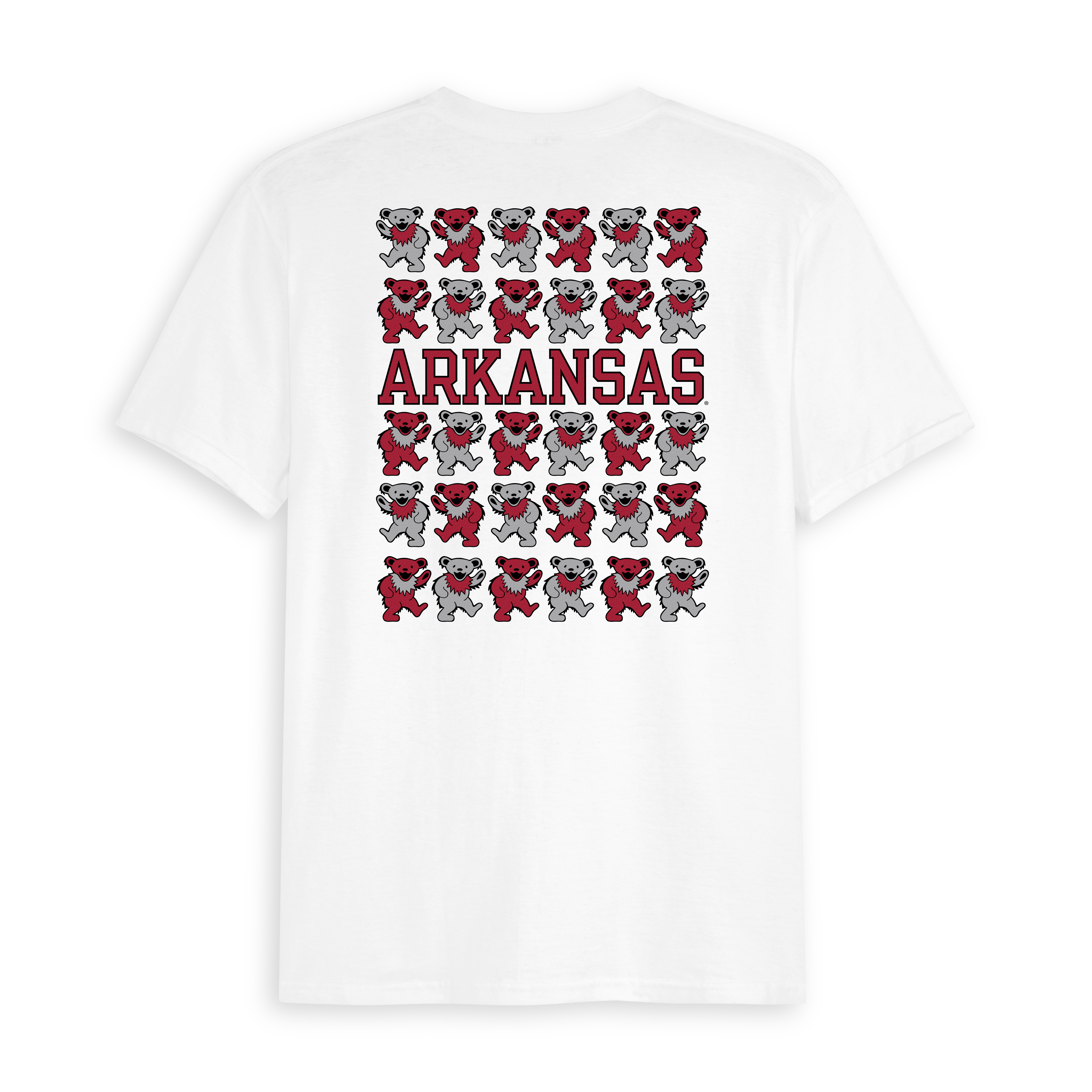 White t-shirt with Arkansas text and red and gray dancing bears, collegiate apparel. Class Trip | Officially Licensed Collegiate Apparel