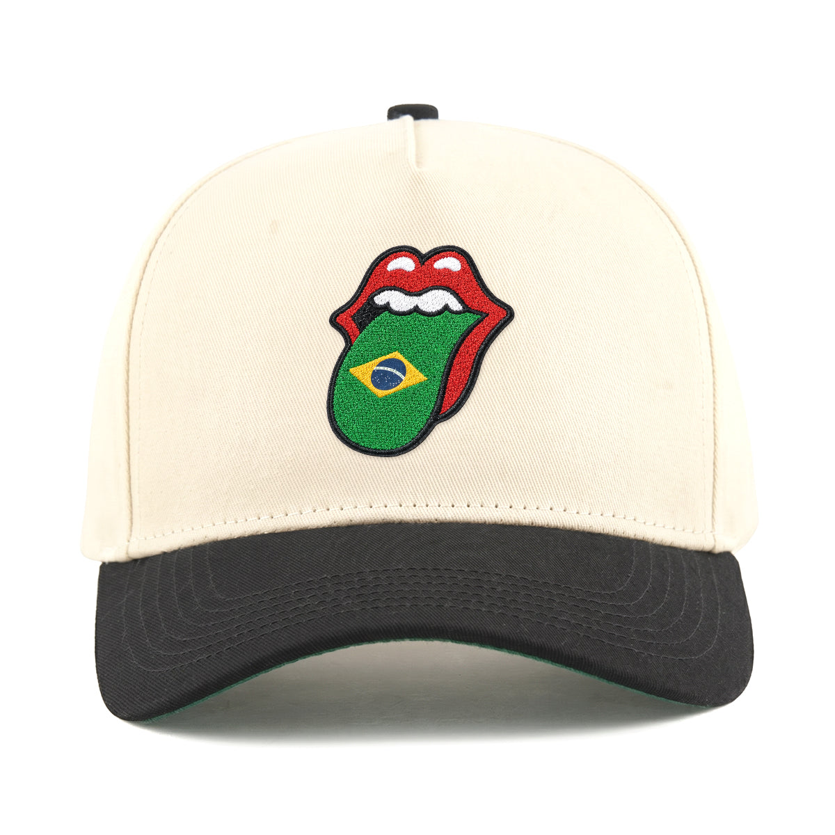 Cream and black baseball cap with embroidered Rolling Stones lips logo featuring Brazilian flag tongue. Class Trip | Higher Education
