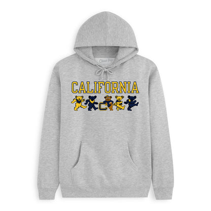 Front flat lay of the Heather Grey Cal Berkeley x Grateful Dead Mascot Bears Hoodie. Class Trip | Higher Education