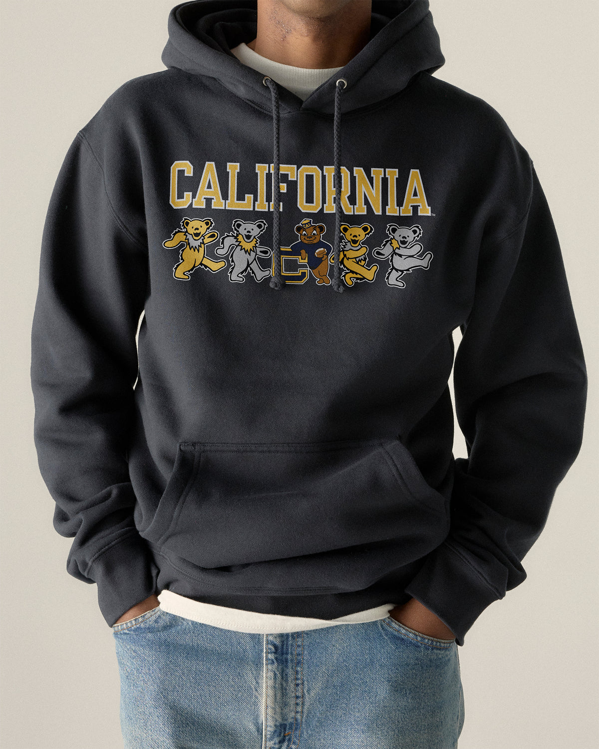 Model wearing the Navy Cal Berkeley x Grateful Dead Mascot Bears Hoodie, front view. Class Trip | Higher Education