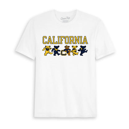 Front flat lay of the White Cal Berkeley x Grateful Dead Mascot Bears Tee. Class Trip | Higher Education