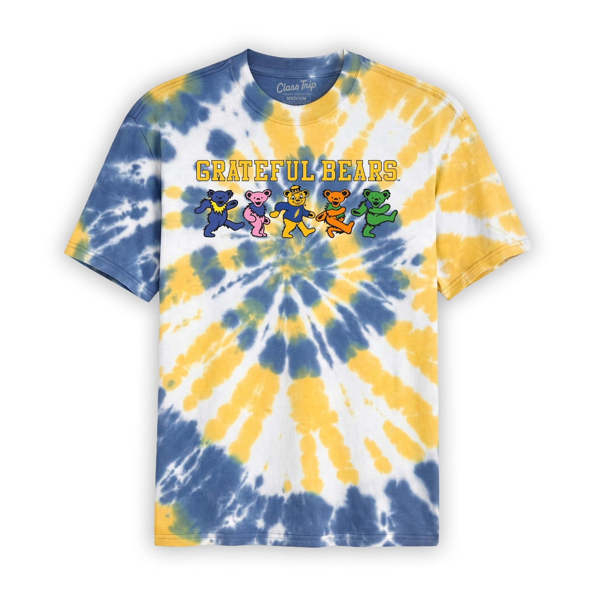 Front flat lay of the Navy/Yellow Tie Dye Cal Berkeley x Grateful Dead Grateful Bears Tie Dye Tee. Class Trip | Higher Education