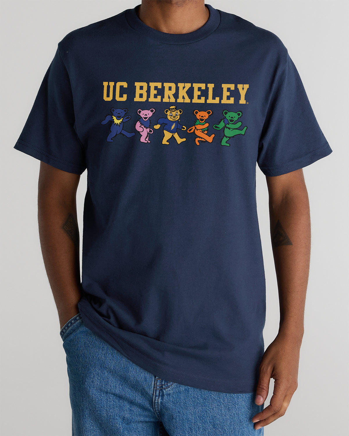Model wearing the Navy Cal Berkeley x Grateful Dead Berkeley Bears Tee, front view. Class Trip | Higher Education