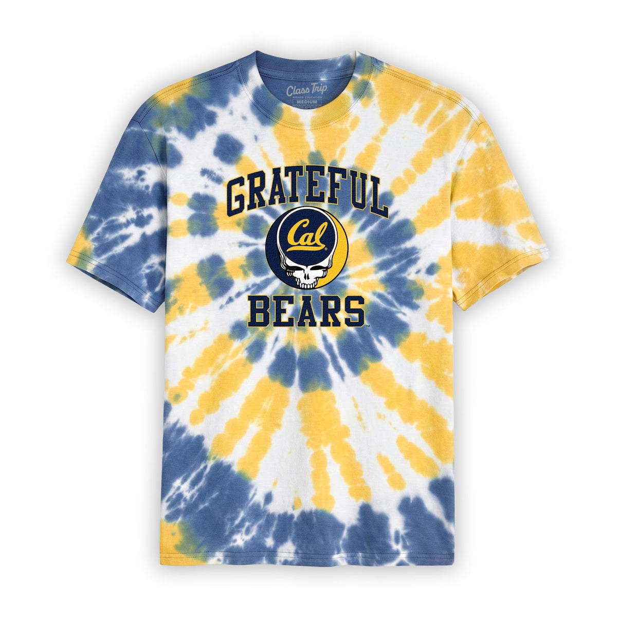 Front flat lay of the Navy/Yellow Tie Dye Cal Berkeley x Grateful Dead Steal Your Face Tie Dye Tee. Class Trip | Higher Education