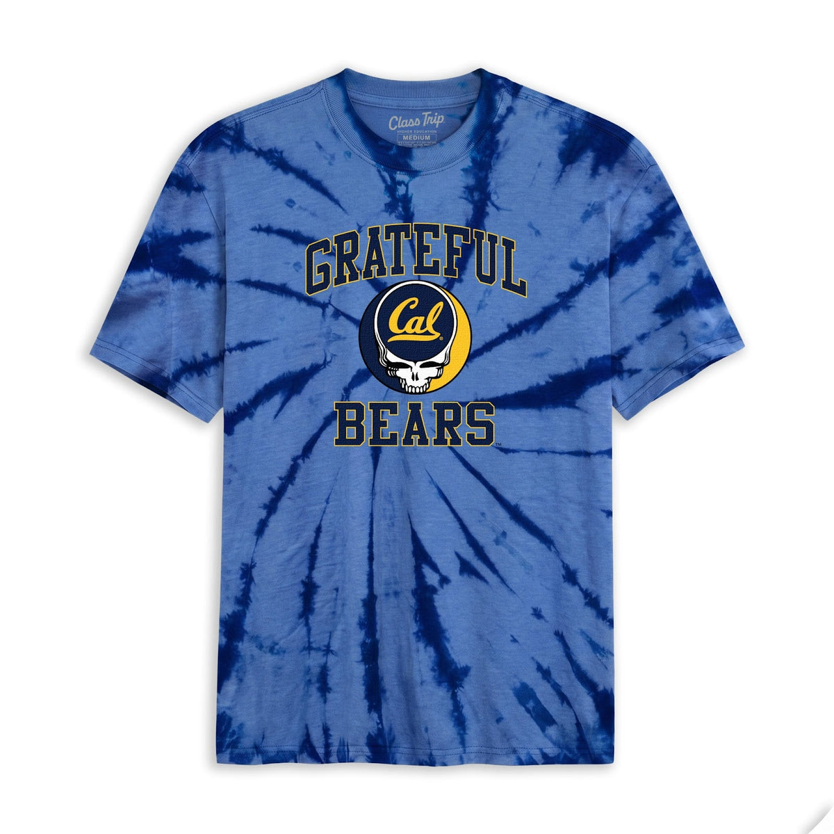Front flat lay of the Navy Tie Dye Cal Berkeley x Grateful Dead Steal Your Face Tie Dye Tee. Class Trip | Higher Education