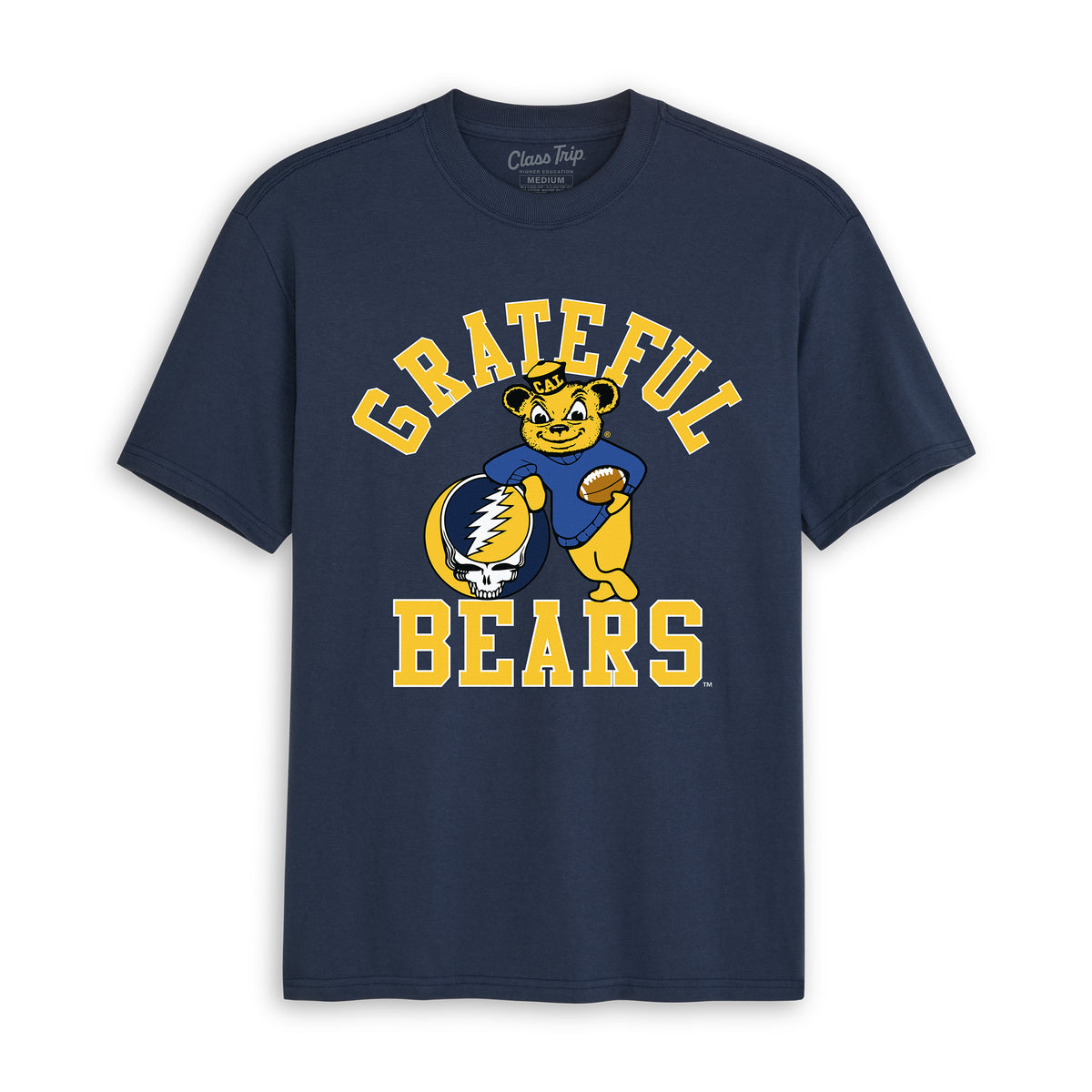 Front flat lay of the Navy Cal Berkeley x Grateful Dead Grateful Bears Tee. Class Trip | Higher Education