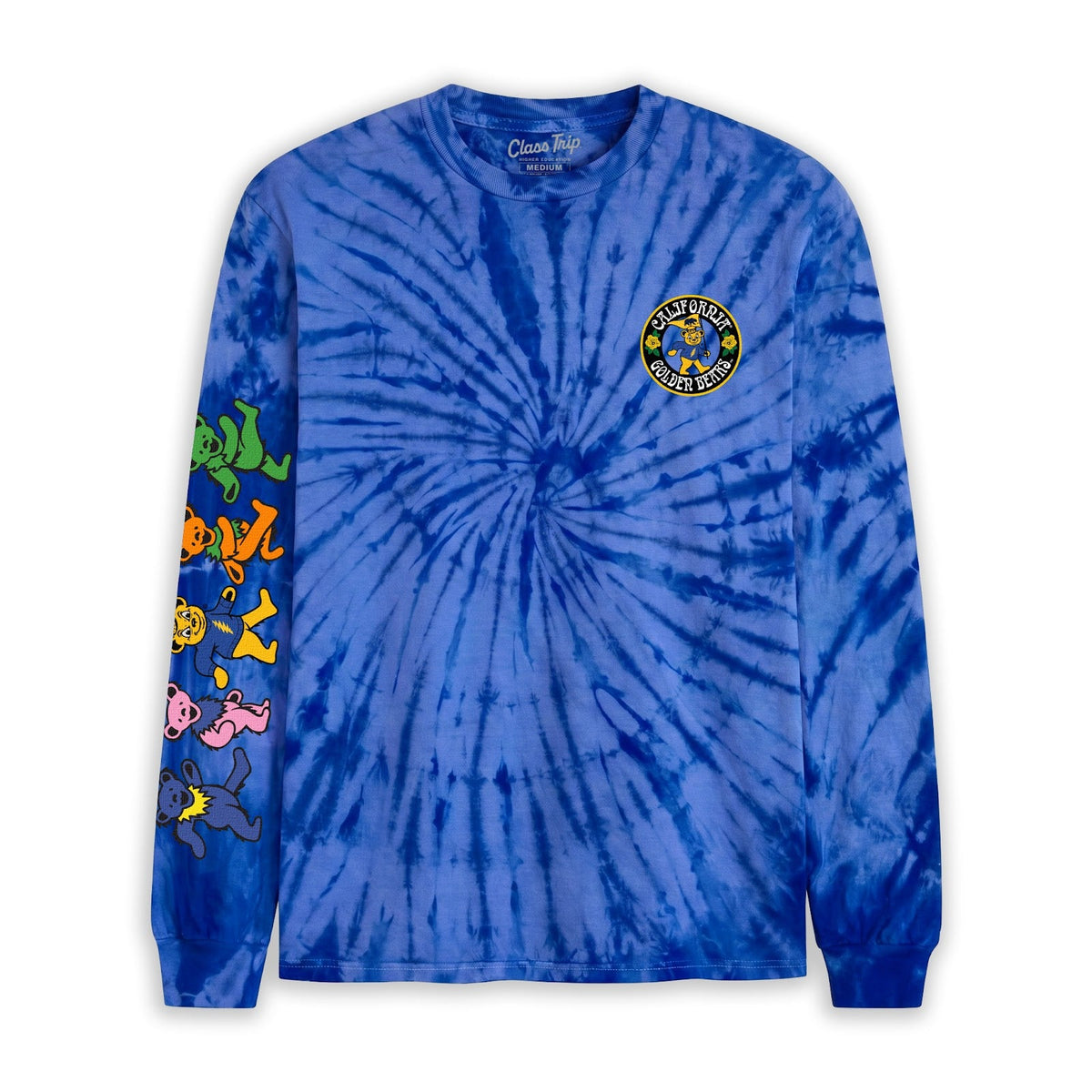 Front flat lay of the Navy Tie Dye Cal Berkeley x Grateful Dead Grateful Bears Tie Dye Long Sleeve Tee. Class Trip | Higher Education