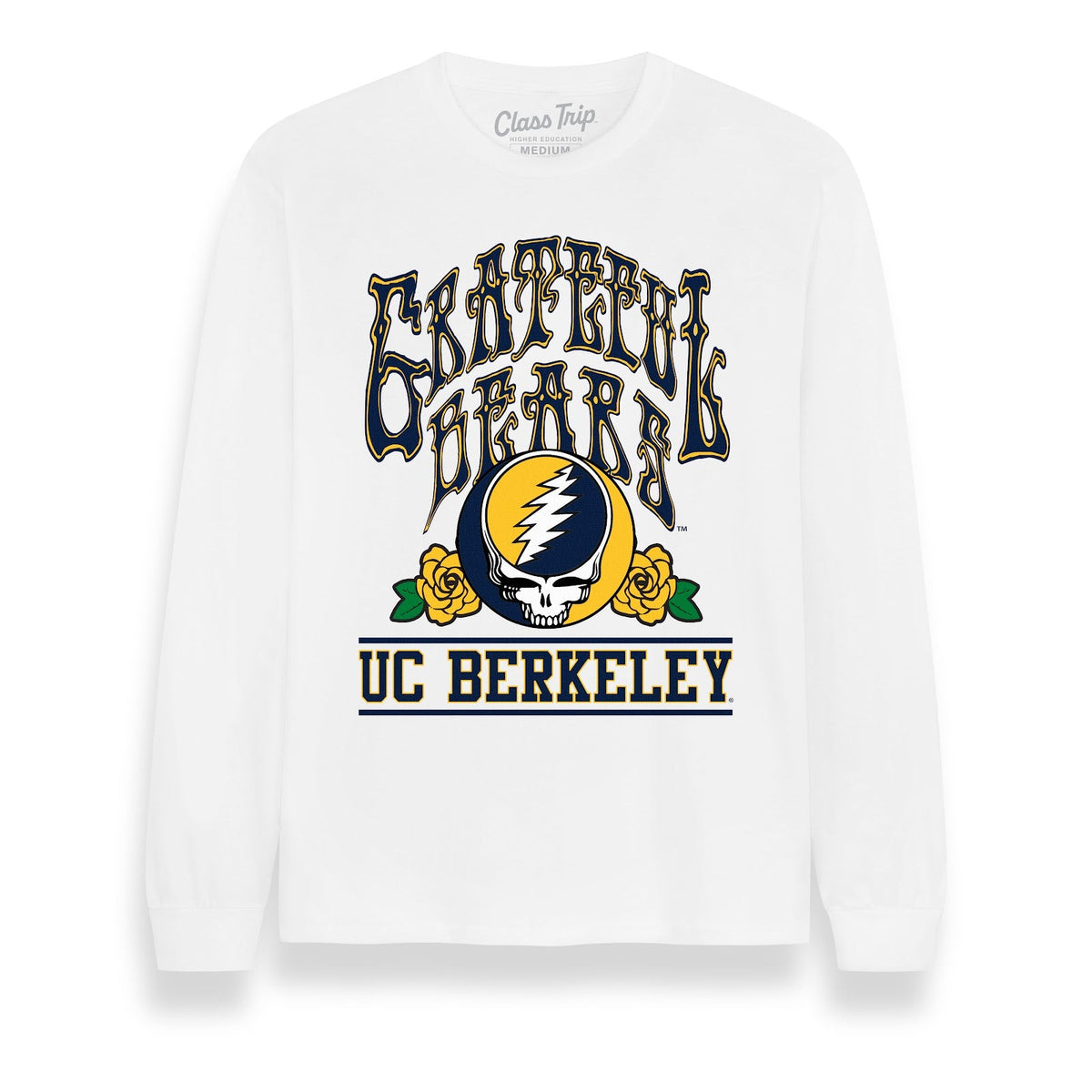 Front flat lay of the White Cal Berkeley x Grateful Dead Steal Your Face Long Sleeve Tee. Class Trip | Higher Education