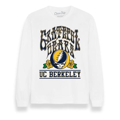 Front flat lay of the White Cal Berkeley x Grateful Dead Steal Your Face Long Sleeve Tee. Class Trip | Higher Education