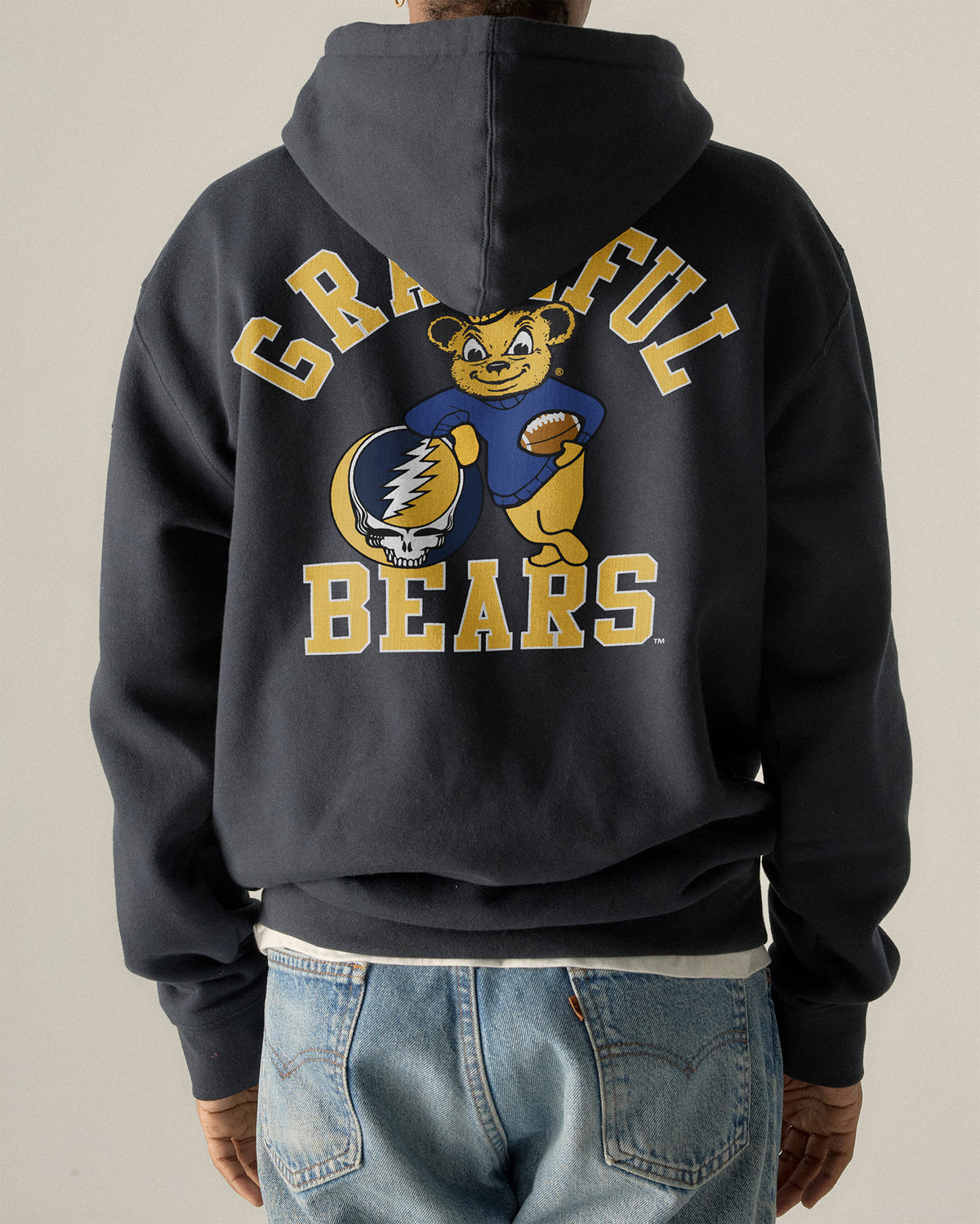 Model wearing the Navy Cal Berkeley x Grateful Dead Grateful Bears Hoodie, back view. Class Trip | Higher Education