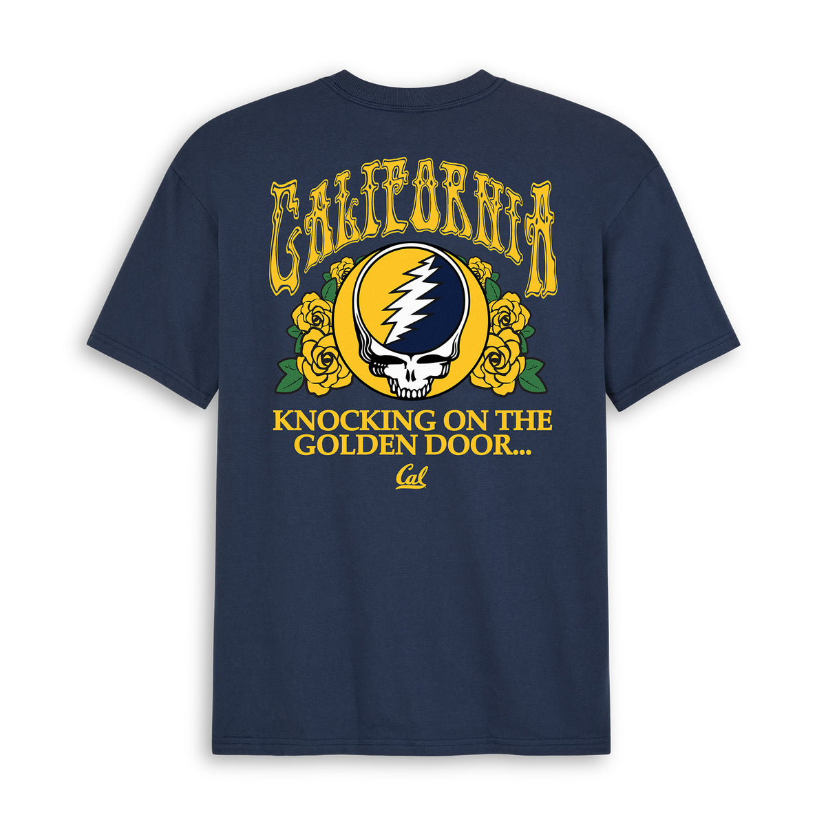 Back flat lay of the Navy Cal Berkeley x Grateful Dead Golden Door Tee. Class Trip | Higher Education