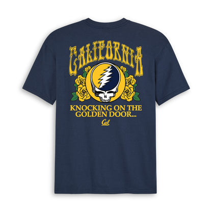 Back flat lay of the Navy Cal Berkeley x Grateful Dead Golden Door Tee. Class Trip | Higher Education