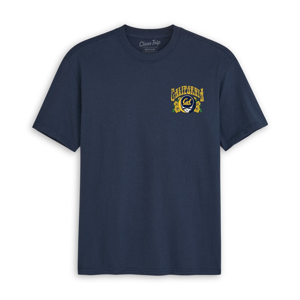 Front flat lay of the Navy Cal Berkeley x Grateful Dead Golden Door Tee. Class Trip | Higher Education