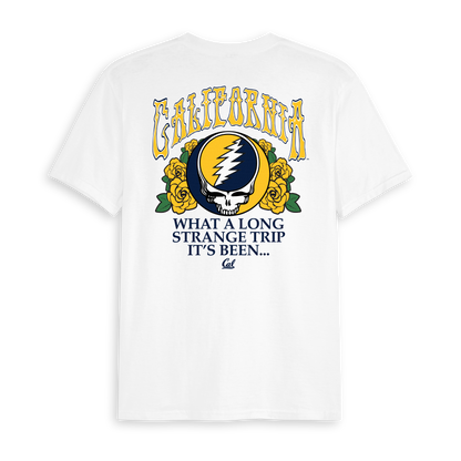 White Class Trip t-shirt featuring Grateful Dead skull and Cal Berkeley graphics. Cal Berkeley x Grateful Dead Truckin' Tee Class Trip | Higher Education