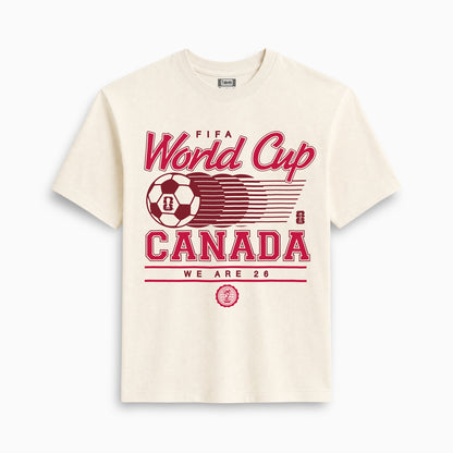 Cream FIFA World Cup Canada soccer tee with vintage graphic, 'We Are 26' text. Class Trip | Higher Education